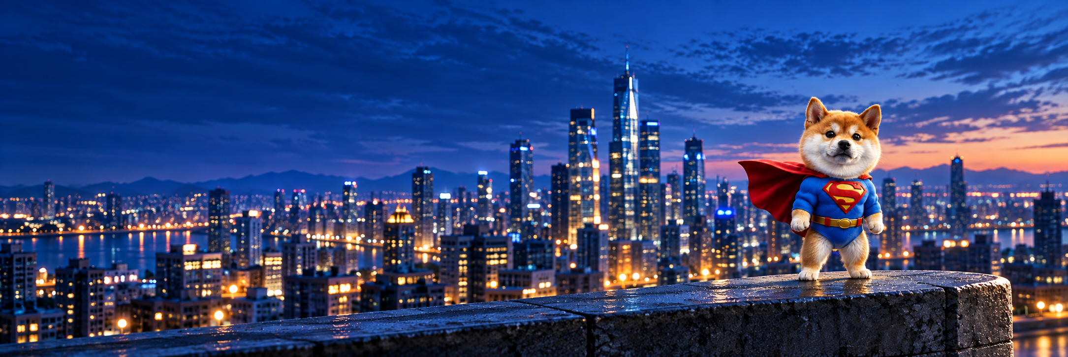 Mini super inu on a rooftop overlooking the blue evening skyline