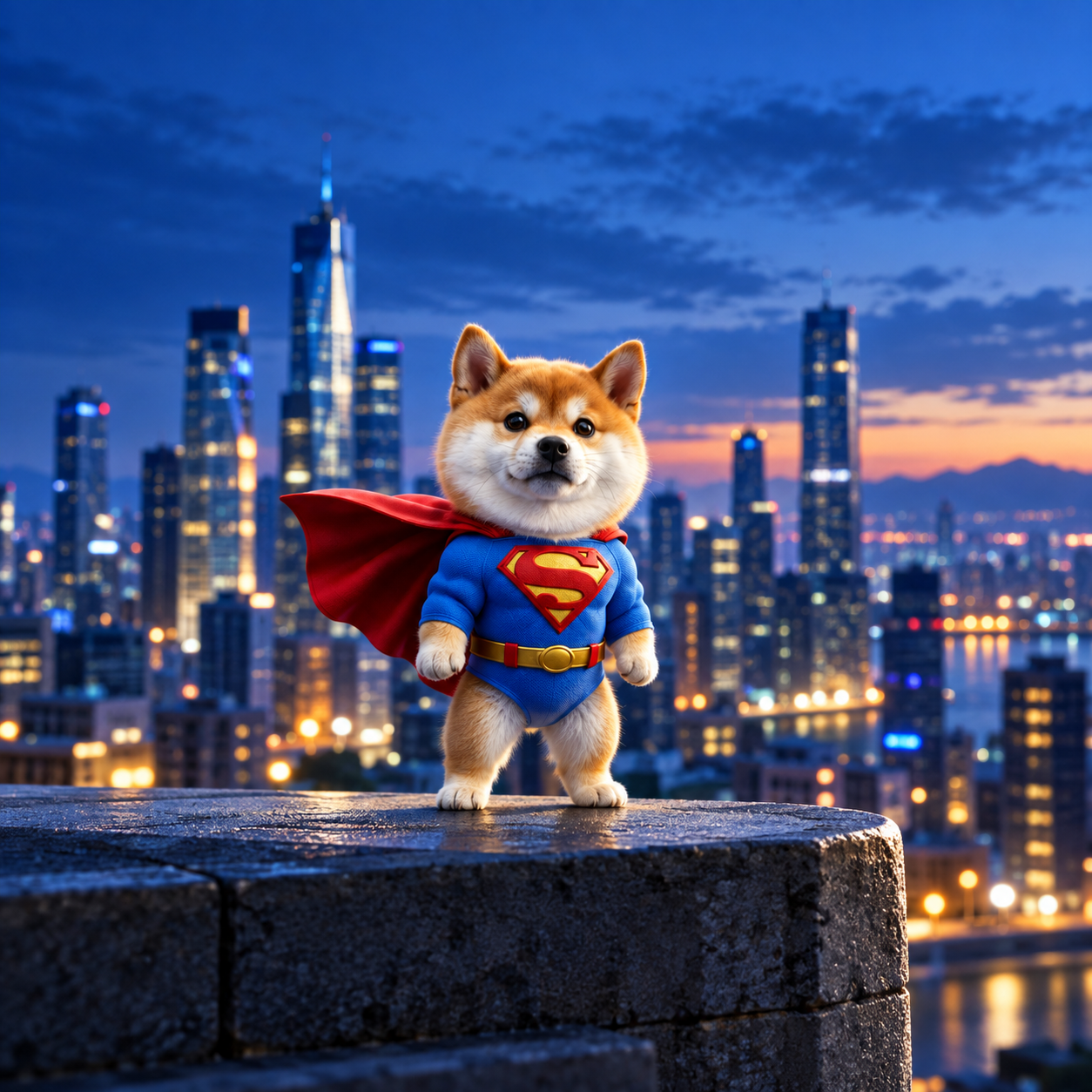 Miniature Shiba Inu superhero standing above the evening city